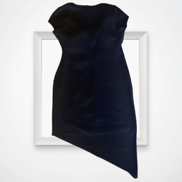 BLACK BODYCON ASYMMETRICAL RUCHED DRESS SURPLICE NECKLINE SIZE LARGE - Picture 2 of 8